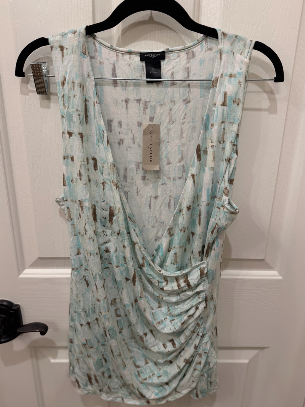 NWT Ann Taylor Mint and Brown Abstract Draped V-Neck Tank